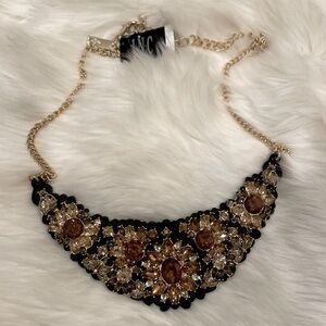 NWT INC. Brown And Gold Stone on Black Leather Statement Necklace